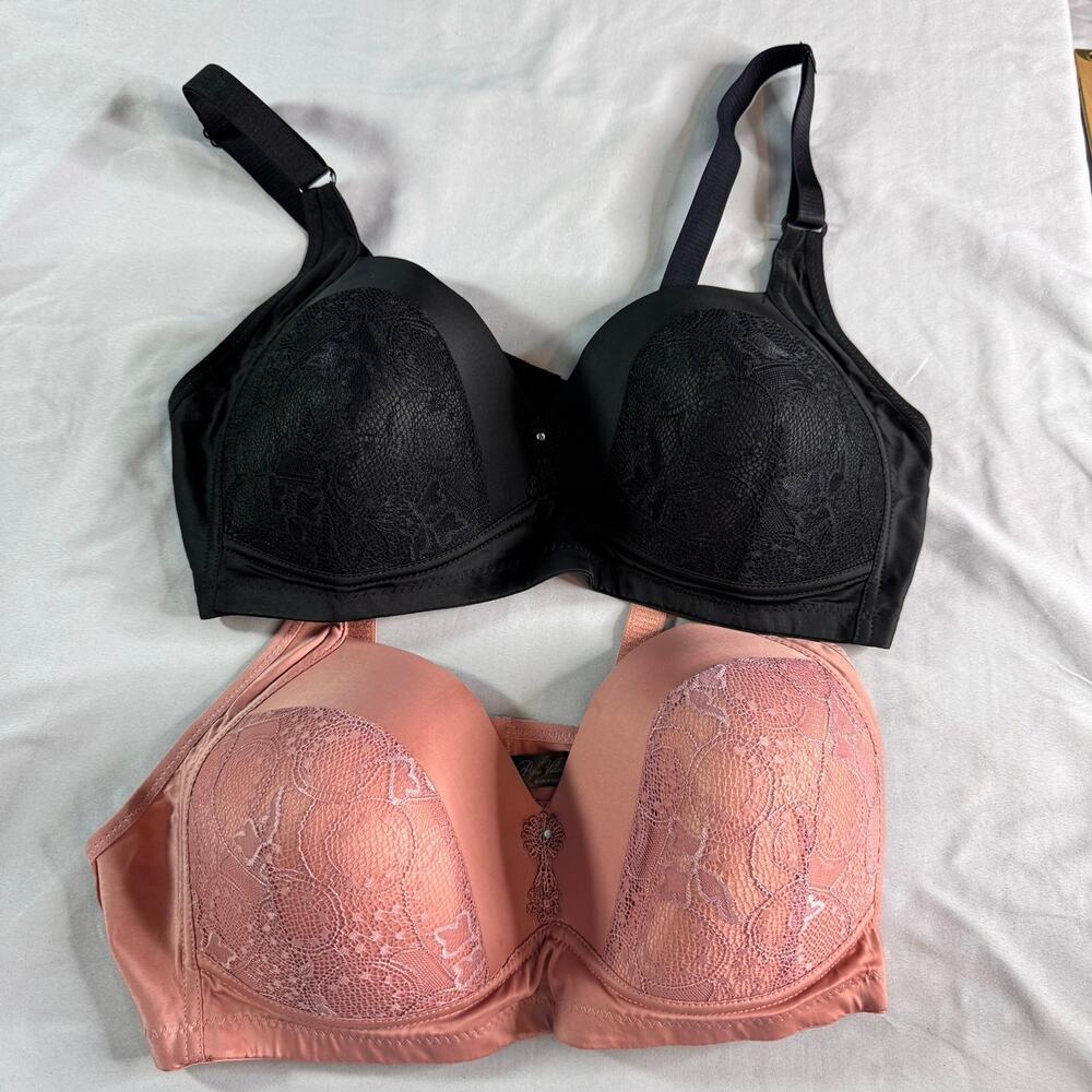 Lot of 2 Prima Valentina 42D Wire Free Bras Rose Pink Black Lightly Padded Lace